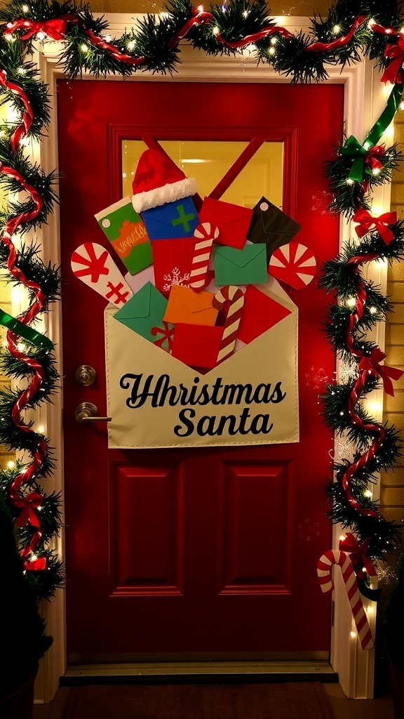 A festive Christmas door decorated with letters to Santa, lights, and holiday ornaments.